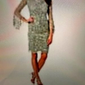 Pisarro Nights Allover Sequin Mesh Boat Neck Bell Sleeve Sheath Dress